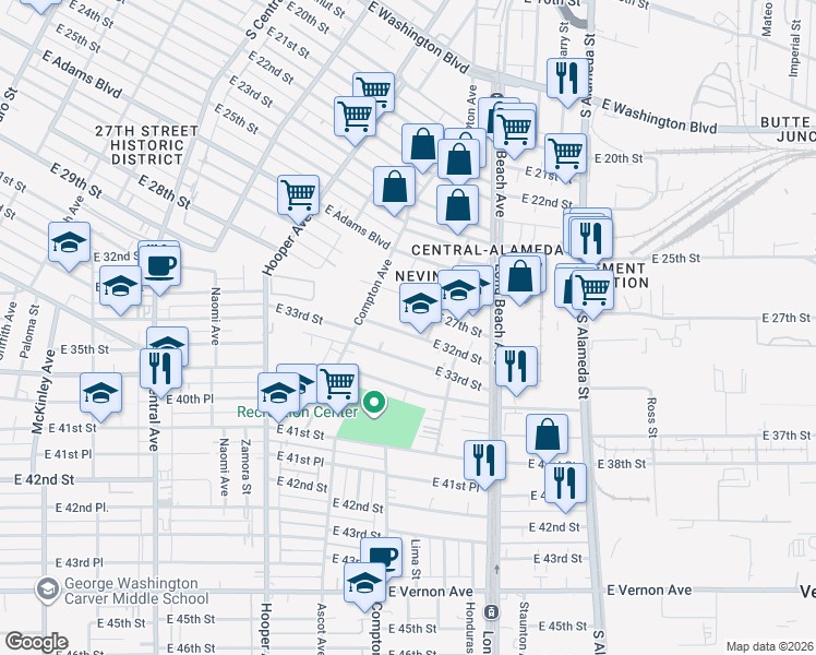 map of restaurants, bars, coffee shops, grocery stores, and more near 1569 East 32nd Street in Los Angeles
