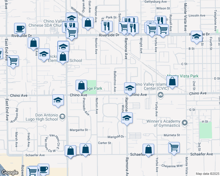 map of restaurants, bars, coffee shops, grocery stores, and more near Julian Avenue in Chino