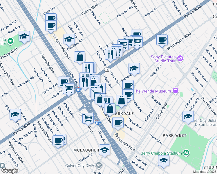 map of restaurants, bars, coffee shops, grocery stores, and more near 3869 Tilden Avenue in Culver City
