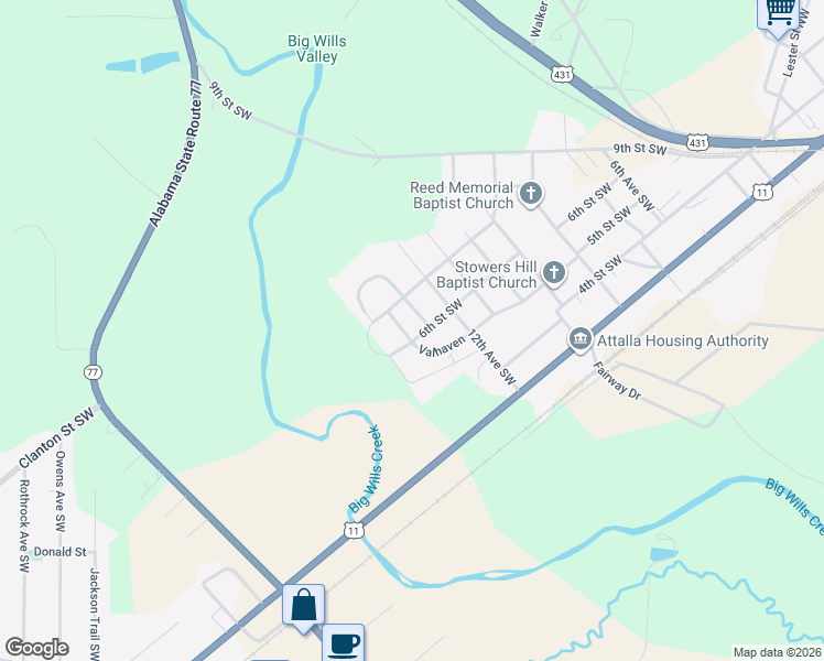 map of restaurants, bars, coffee shops, grocery stores, and more near 601 Valhaven Drive Southwest in Attalla