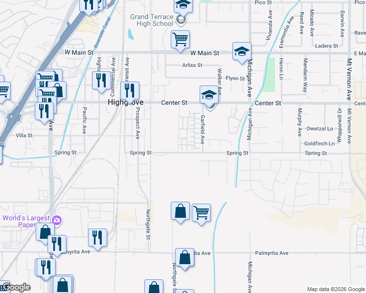 map of restaurants, bars, coffee shops, grocery stores, and more near 877 Spring Street in Riverside