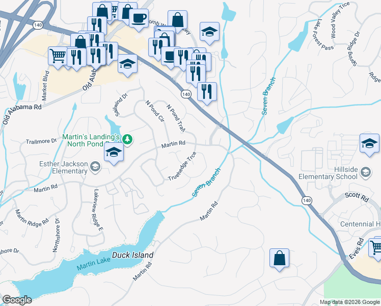 map of restaurants, bars, coffee shops, grocery stores, and more near 310 Truehedge Trce in Roswell