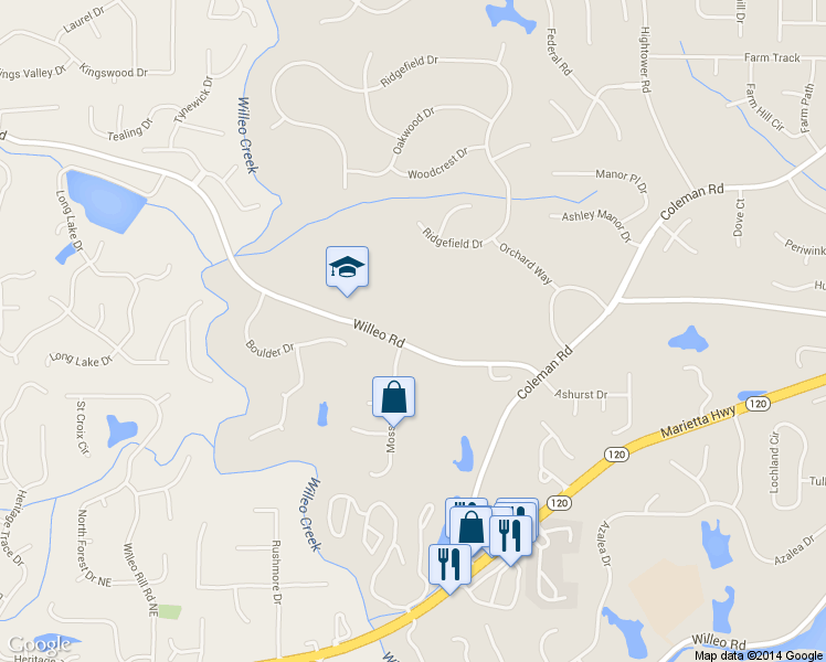 map of restaurants, bars, coffee shops, grocery stores, and more near 1015 Willeo Road in Roswell