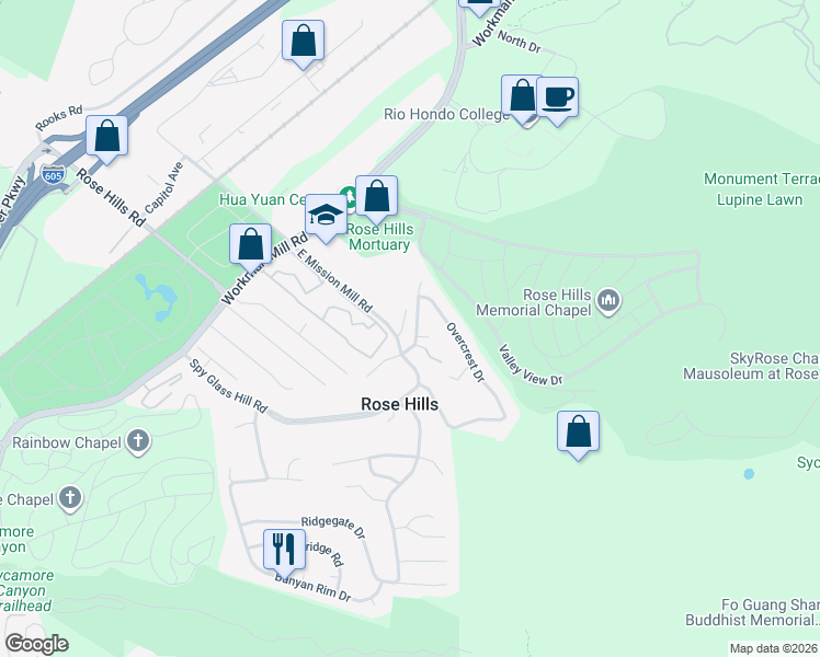 map of restaurants, bars, coffee shops, grocery stores, and more near 11135 Canyon Meadows Drive in Whittier