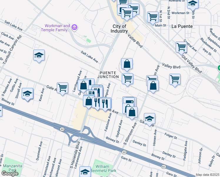 map of restaurants, bars, coffee shops, grocery stores, and more near 830 South Olympus Avenue in Hacienda Heights