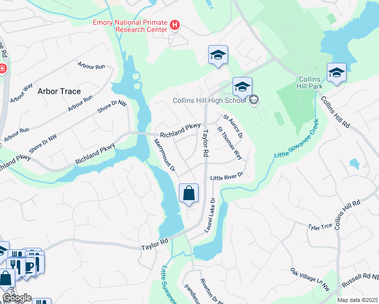map of restaurants, bars, coffee shops, grocery stores, and more near 2220 Cape Courage Way in Suwanee