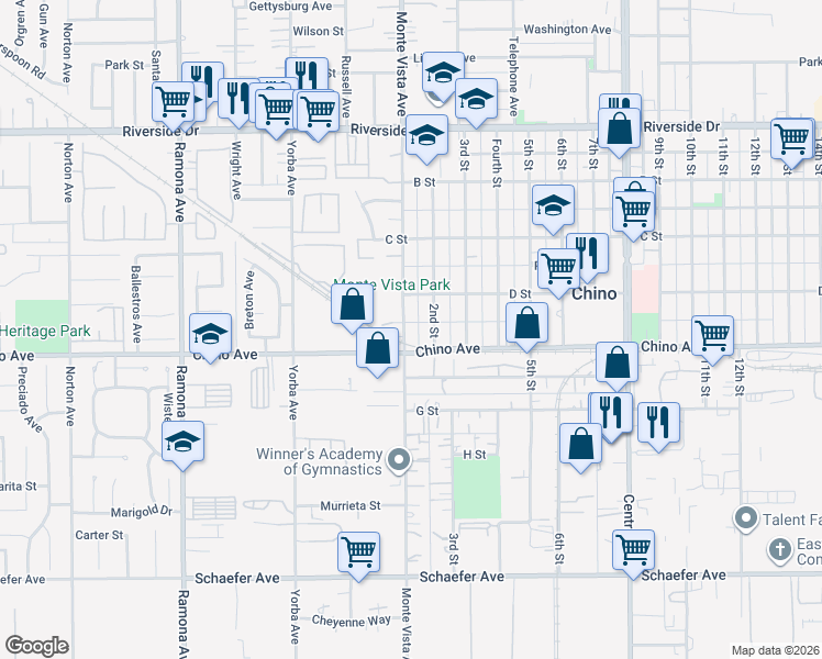 map of restaurants, bars, coffee shops, grocery stores, and more near 13267 Monte Vista Avenue in Chino