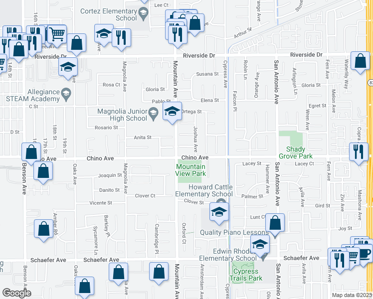 map of restaurants, bars, coffee shops, grocery stores, and more near 6335 Alfonso Court in Chino
