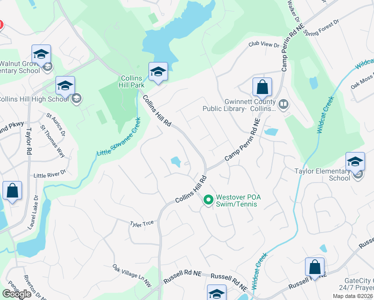 map of restaurants, bars, coffee shops, grocery stores, and more near 2023 Wildcat Falls Lane in Lawrenceville