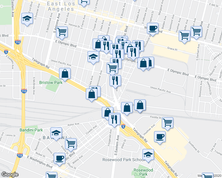 map of restaurants, bars, coffee shops, grocery stores, and more near 1403 South Atlantic Boulevard in East Los Angeles