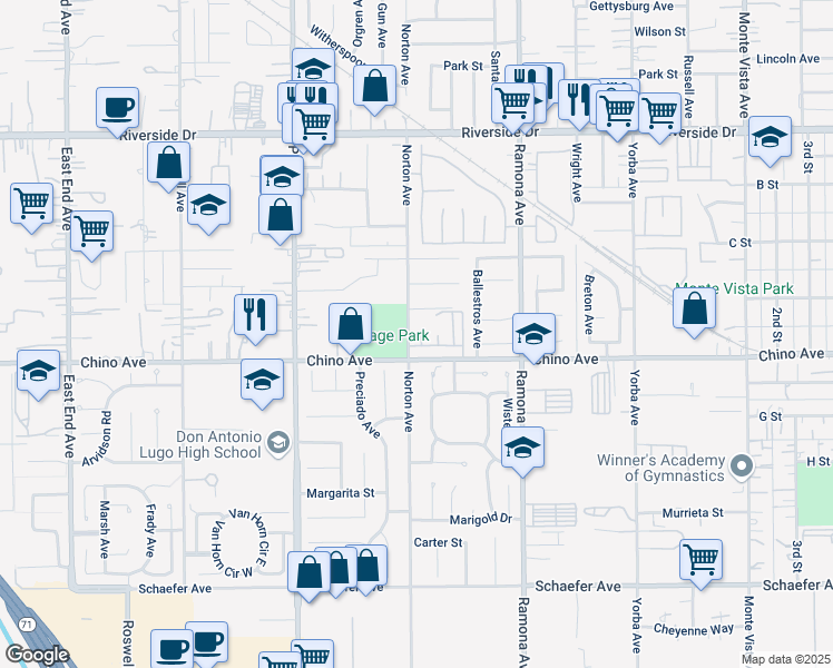 map of restaurants, bars, coffee shops, grocery stores, and more near 13259 Norton Avenue in Chino