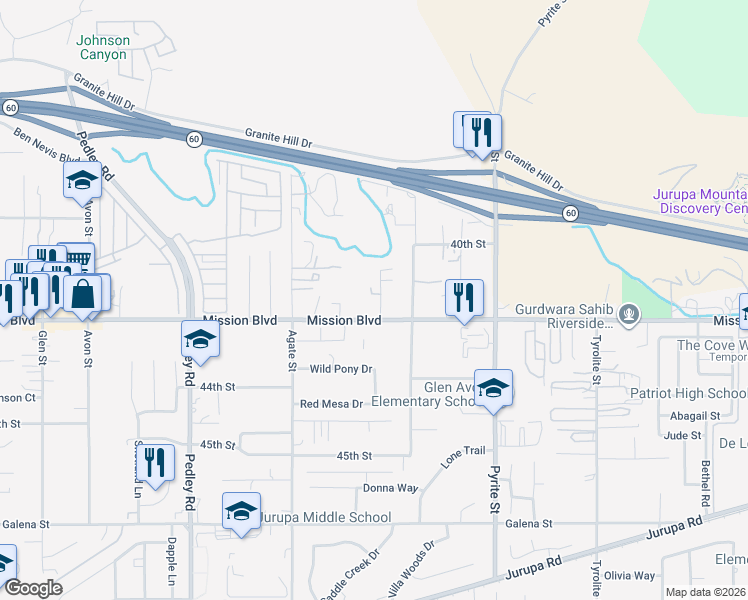 map of restaurants, bars, coffee shops, grocery stores, and more near 8445 Mission Boulevard in Riverside