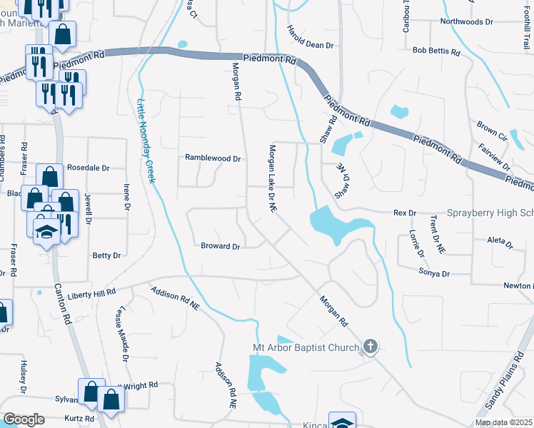 map of restaurants, bars, coffee shops, grocery stores, and more near 2567 Morgan Lake Drive in Marietta