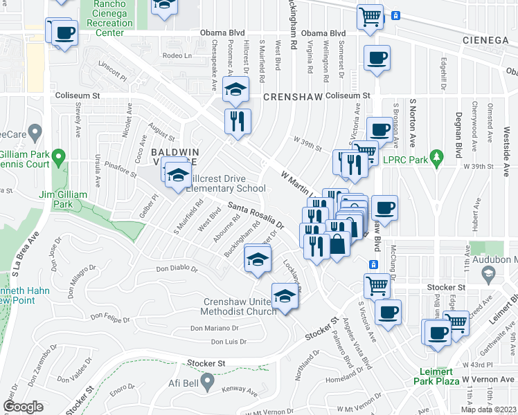 map of restaurants, bars, coffee shops, grocery stores, and more near 4097 Buckingham Road in Los Angeles