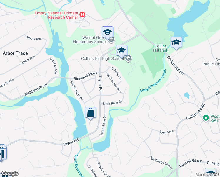 map of restaurants, bars, coffee shops, grocery stores, and more near 144 Saint Georges Court in Suwanee