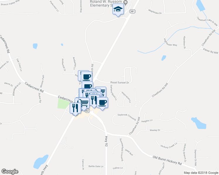 map of restaurants, bars, coffee shops, grocery stores, and more near 44 Garland Rose Lane in Dallas