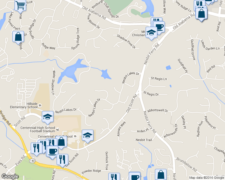 map of restaurants, bars, coffee shops, grocery stores, and more near 2635 Clubside Terrace in Alpharetta