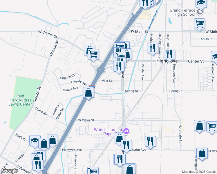 map of restaurants, bars, coffee shops, grocery stores, and more near 484 Electric Avenue in Riverside