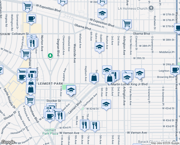 map of restaurants, bars, coffee shops, grocery stores, and more near 3957 6th Avenue in Los Angeles