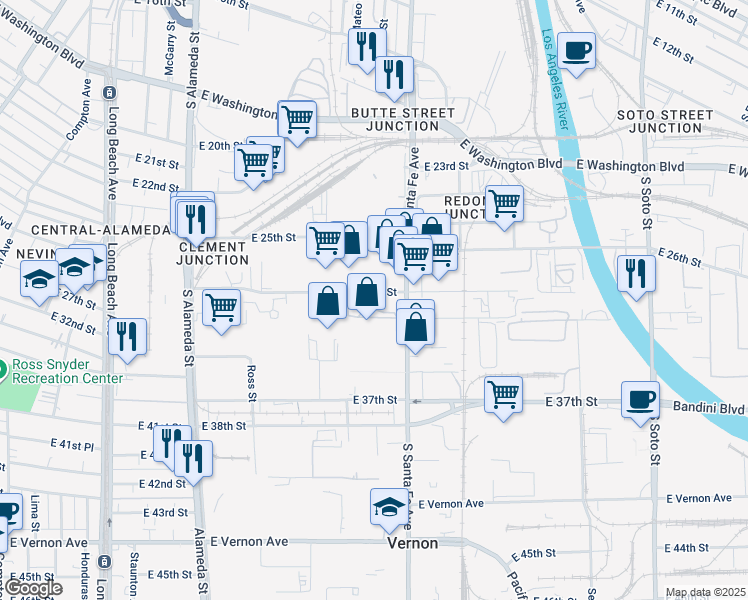 map of restaurants, bars, coffee shops, grocery stores, and more near 2300 East 27th Street in Vernon