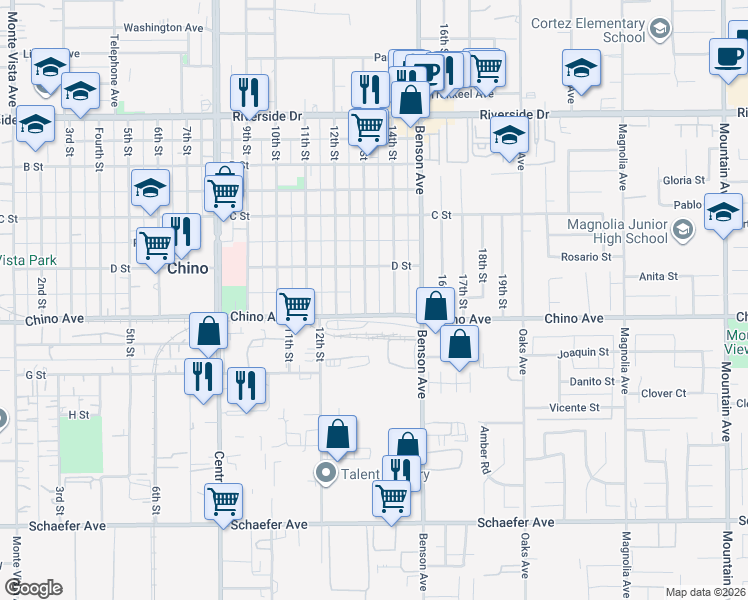 map of restaurants, bars, coffee shops, grocery stores, and more near 13265 13th Street in Chino