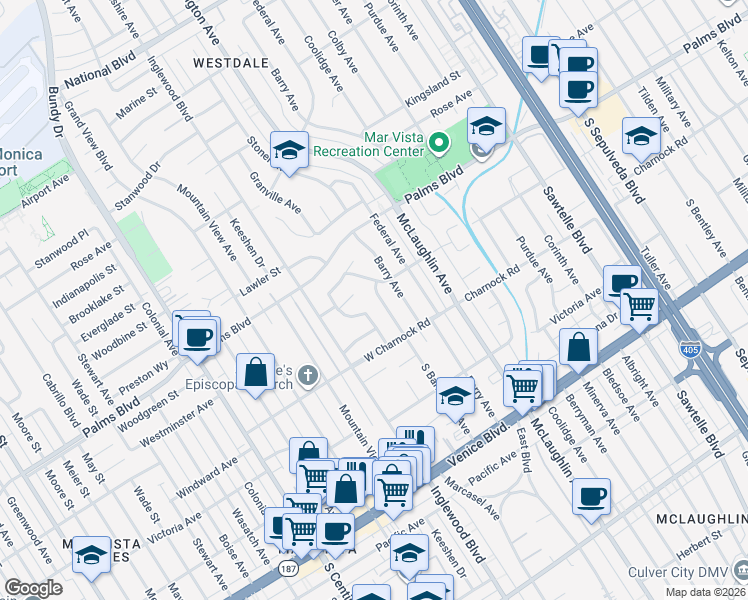 map of restaurants, bars, coffee shops, grocery stores, and more near 3515 South Barrington Avenue in Los Angeles