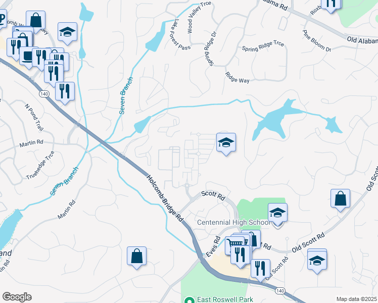 map of restaurants, bars, coffee shops, grocery stores, and more near 147 West Ridge Way in Roswell