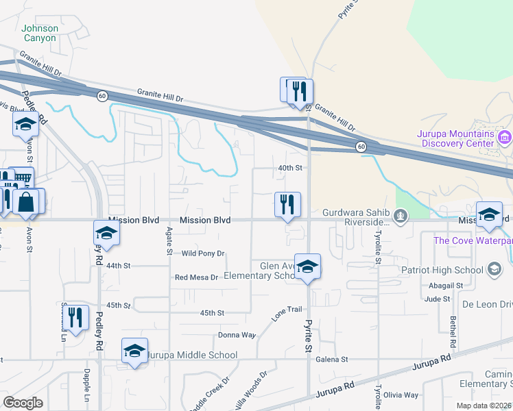map of restaurants, bars, coffee shops, grocery stores, and more near 4164 Vernon Avenue in Riverside