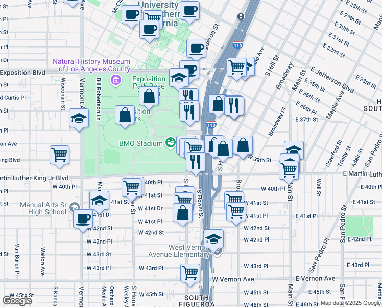 map of restaurants, bars, coffee shops, grocery stores, and more near 3950 South Figueroa Street in Los Angeles