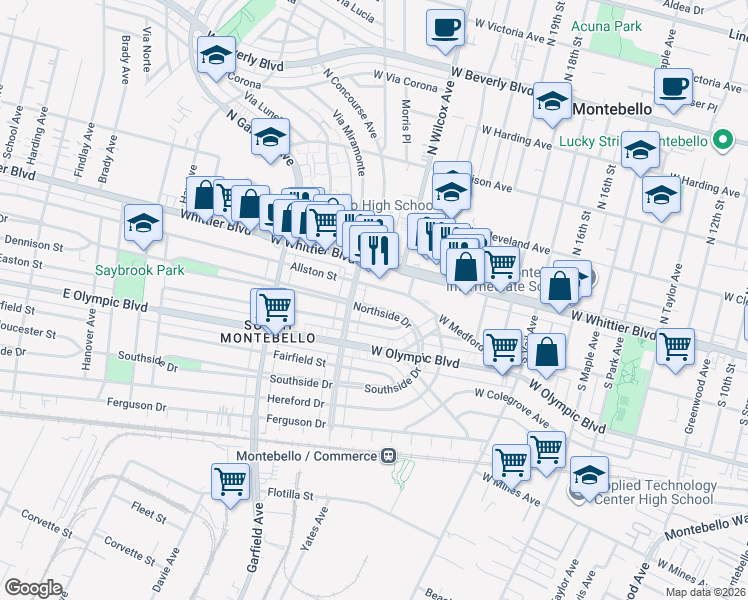 map of restaurants, bars, coffee shops, grocery stores, and more near 2232 West Northside Drive in Montebello