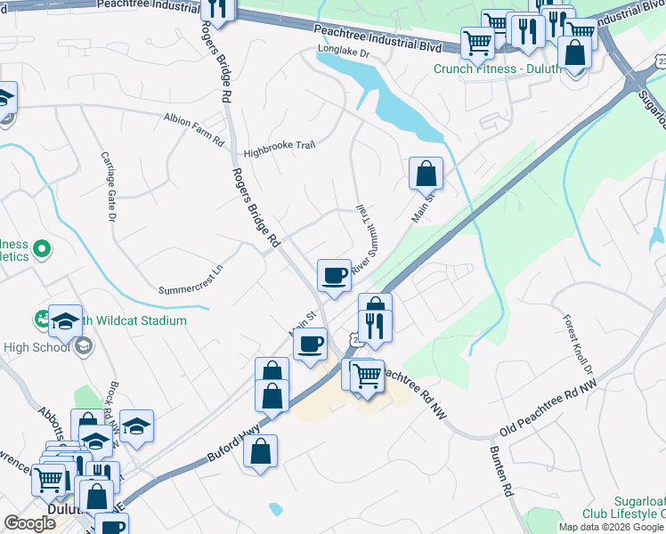 map of restaurants, bars, coffee shops, grocery stores, and more near 3567 Thornbrooke Pl in Duluth