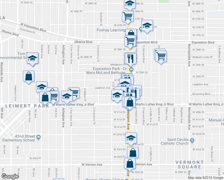 map of restaurants, bars, coffee shops, grocery stores, and more near 3959 South Saint Andrews Place in Los Angeles
