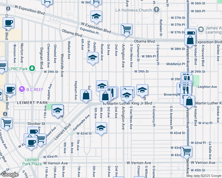 map of restaurants, bars, coffee shops, grocery stores, and more near 3954 3rd Avenue in Los Angeles