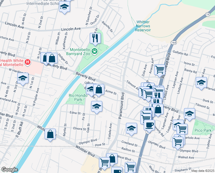 map of restaurants, bars, coffee shops, grocery stores, and more near 8554 Beverly Boulevard in Pico Rivera