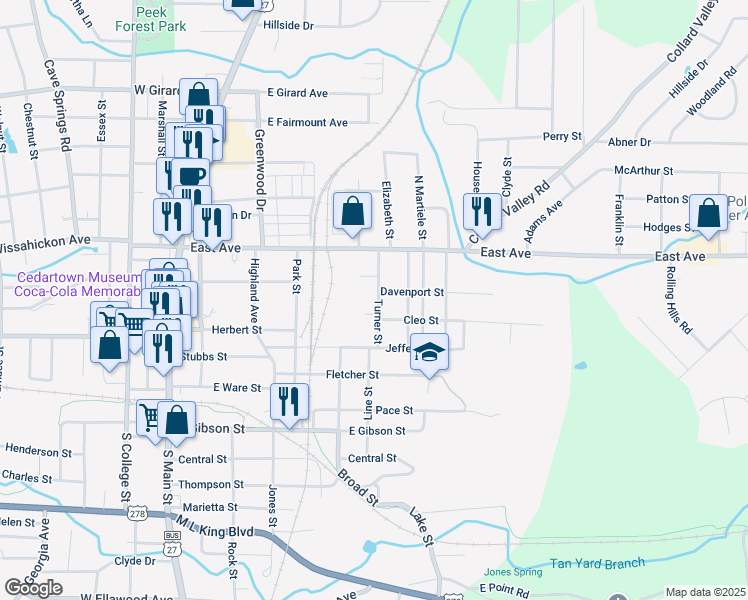 map of restaurants, bars, coffee shops, grocery stores, and more near 206 Turner Street in Cedartown