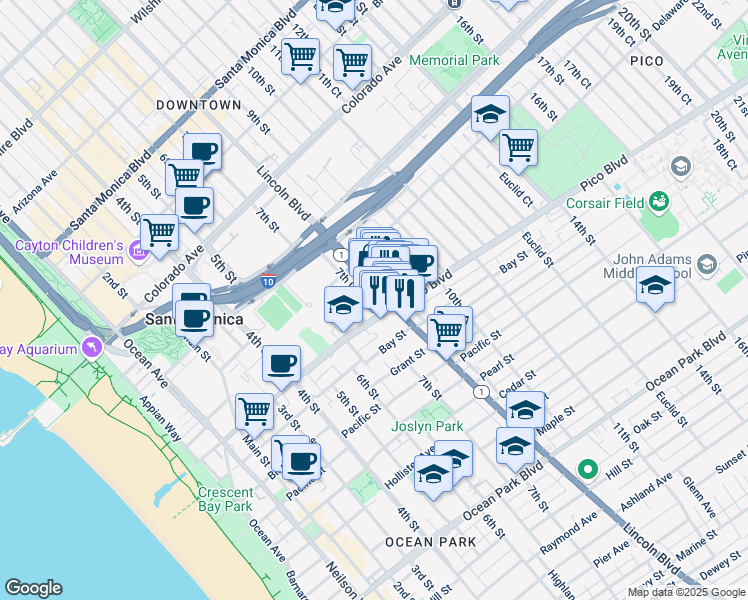 map of restaurants, bars, coffee shops, grocery stores, and more near 1866 California 1 in Santa Monica