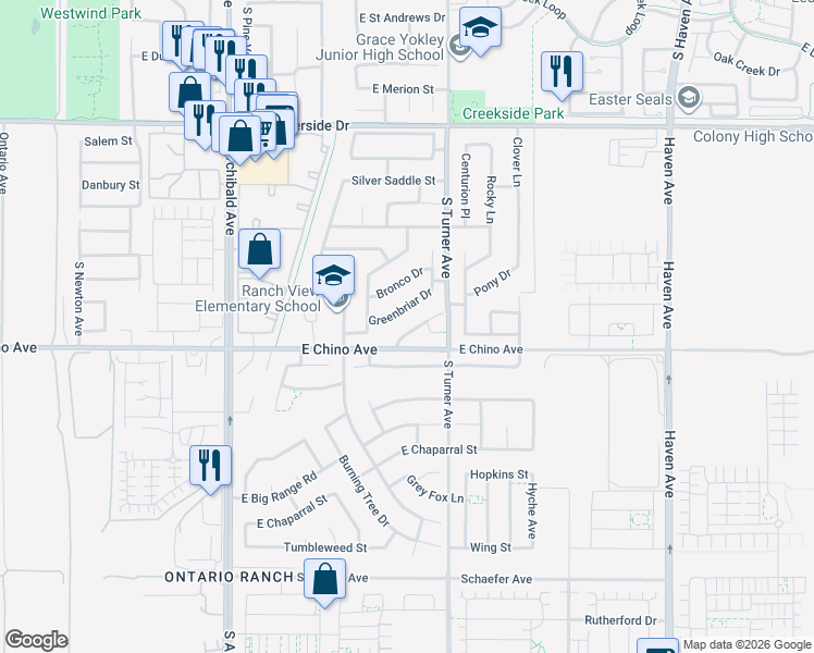 map of restaurants, bars, coffee shops, grocery stores, and more near 2933 Pony Drive in Ontario