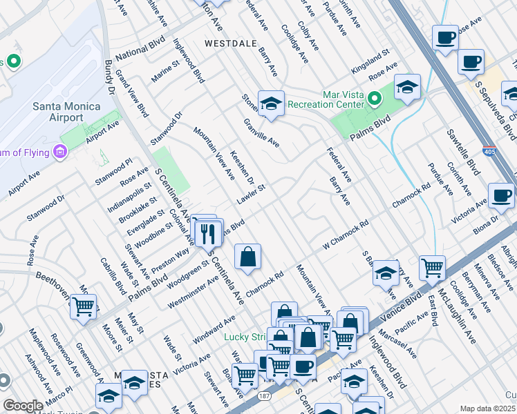 map of restaurants, bars, coffee shops, grocery stores, and more near 12101 Palms Boulevard in Los Angeles