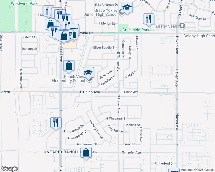 map of restaurants, bars, coffee shops, grocery stores, and more near 2933 Pony Drive in Ontario