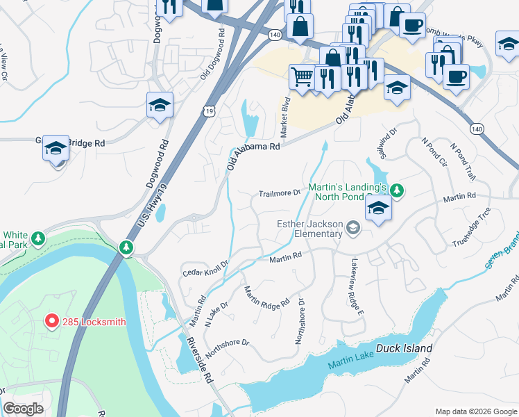 map of restaurants, bars, coffee shops, grocery stores, and more near 300 Softpine Trail in Roswell