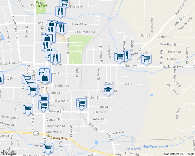 map of restaurants, bars, coffee shops, grocery stores, and more near 206 Turner Street in Cedartown