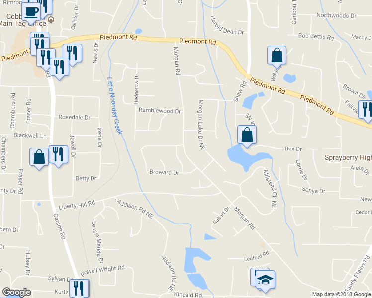 map of restaurants, bars, coffee shops, grocery stores, and more near 2608 Morgan Road in Marietta