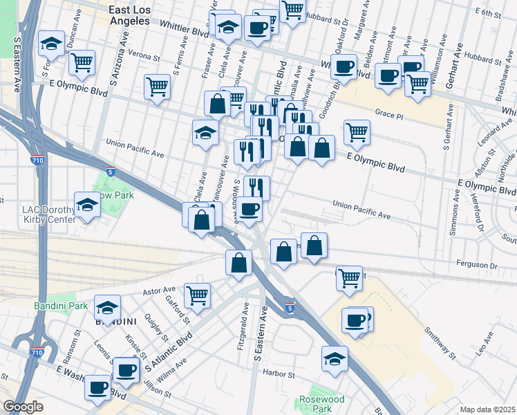 map of restaurants, bars, coffee shops, grocery stores, and more near 1403 South Atlantic Boulevard in East Los Angeles