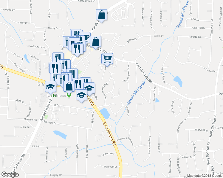 map of restaurants, bars, coffee shops, grocery stores, and more near 2617 Watercrest Court Northeast in Marietta