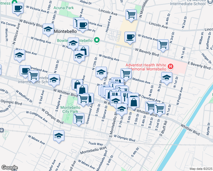 map of restaurants, bars, coffee shops, grocery stores, and more near 200 North 10th Street in Montebello