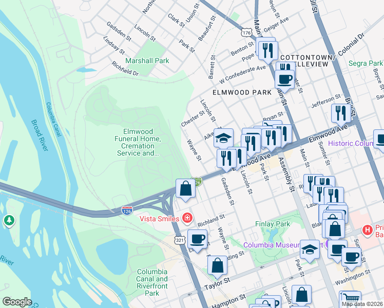 map of restaurants, bars, coffee shops, grocery stores, and more near 2225 Wayne Street in Columbia