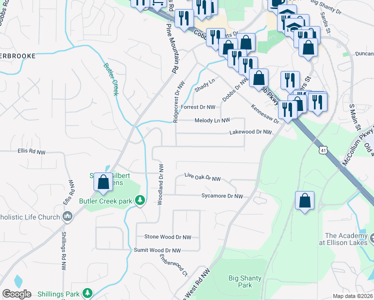 map of restaurants, bars, coffee shops, grocery stores, and more near 2489 Woodland Drive Northwest in Kennesaw