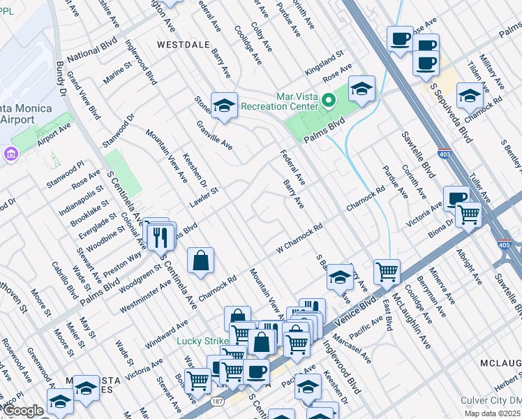 map of restaurants, bars, coffee shops, grocery stores, and more near 11917 Westminster Place in Los Angeles