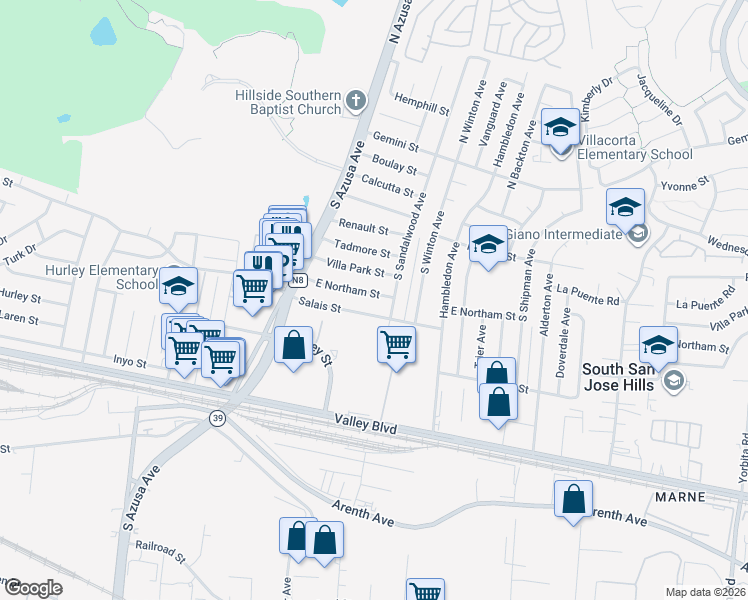 map of restaurants, bars, coffee shops, grocery stores, and more near 17534 East Northam Street in La Puente