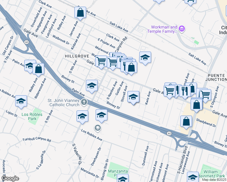 map of restaurants, bars, coffee shops, grocery stores, and more near 1150 South Nantes Avenue in Hacienda Heights
